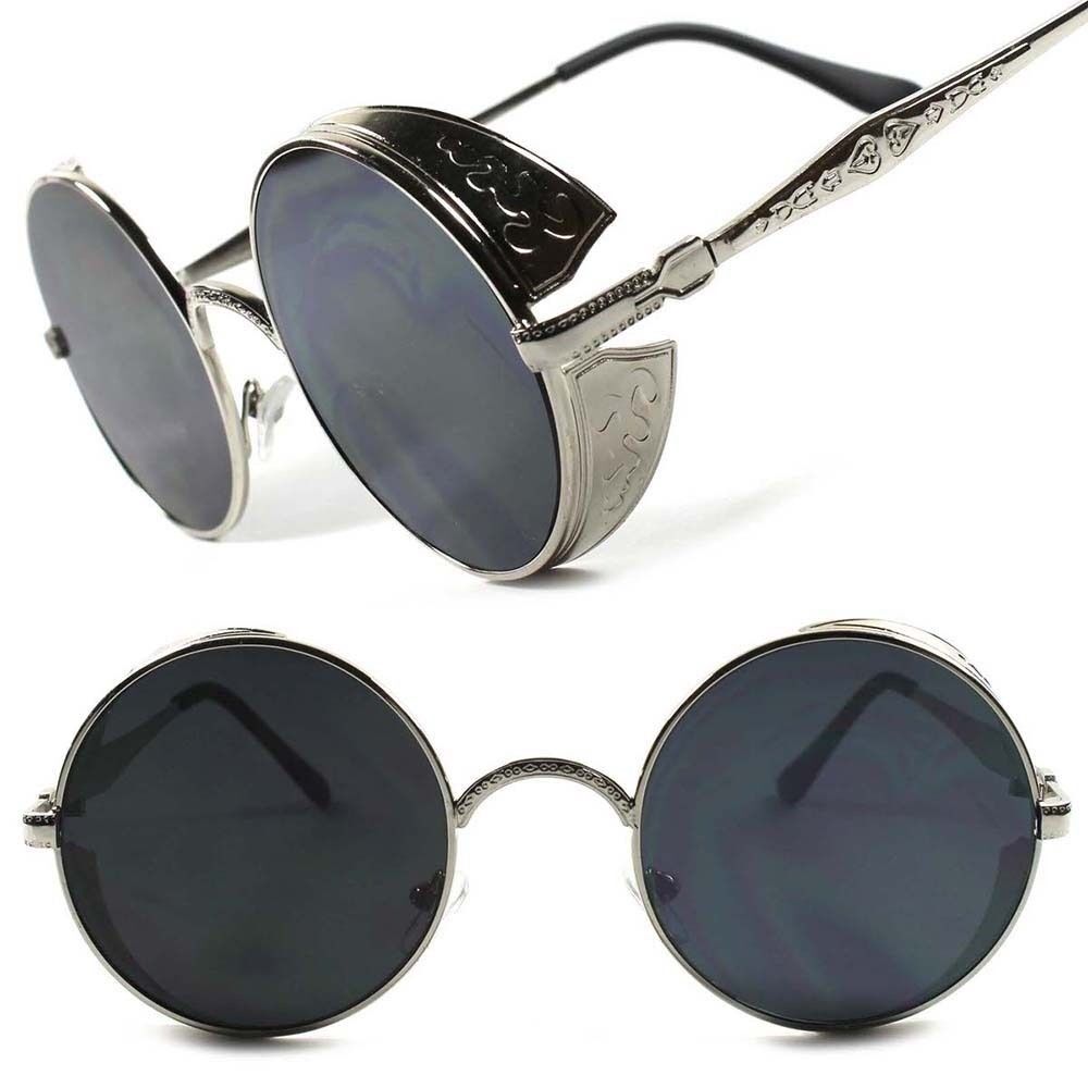 Silver Side Shield Vintage Retro Vampire Goth Steampunk Style Round Sun Glasses
